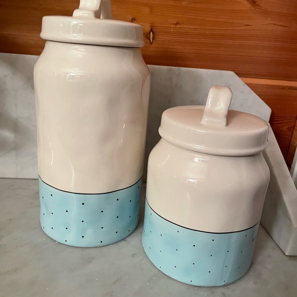 Rae Dunn Magenta polka dot stash canister and snack canister - Picture 4 of 10